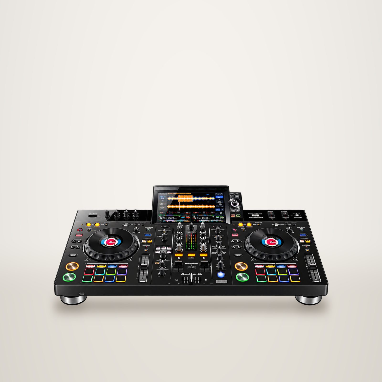 Contrôleur DJ tout-en-un noir avec écran tactile et deux platines.