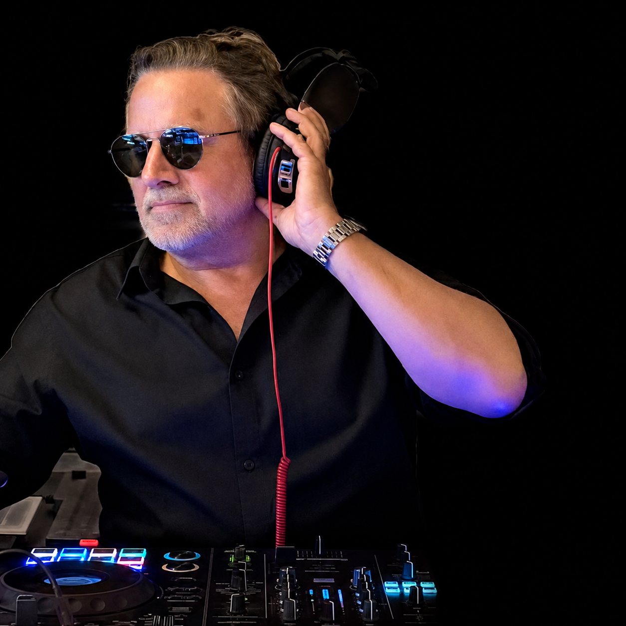Un DJ à lunettes de soleil ajuste son casque derrière sa console.