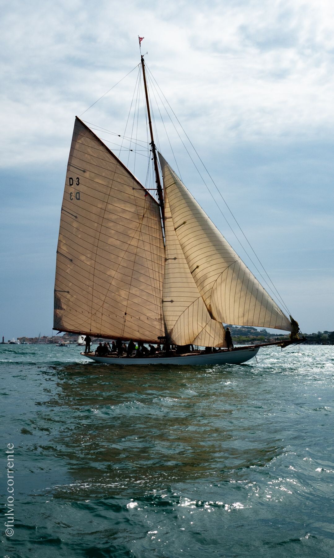 Voilier traditionnel à voiles beiges sur une mer verte sous un ciel nuageux.