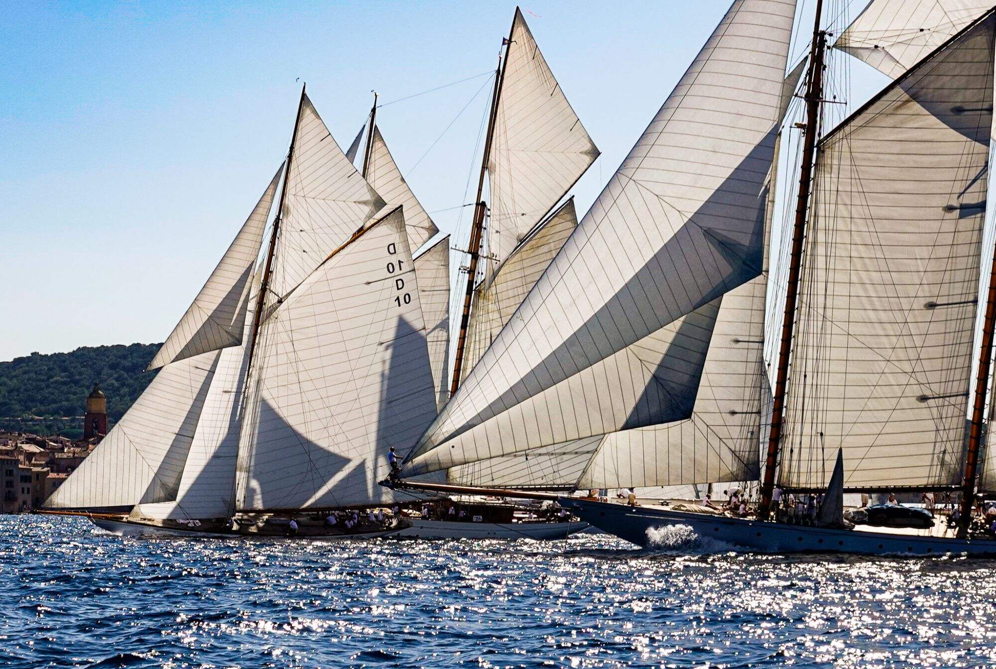 Flotte de goélettes classiques aux voiles blanches se croisant près de la côte.