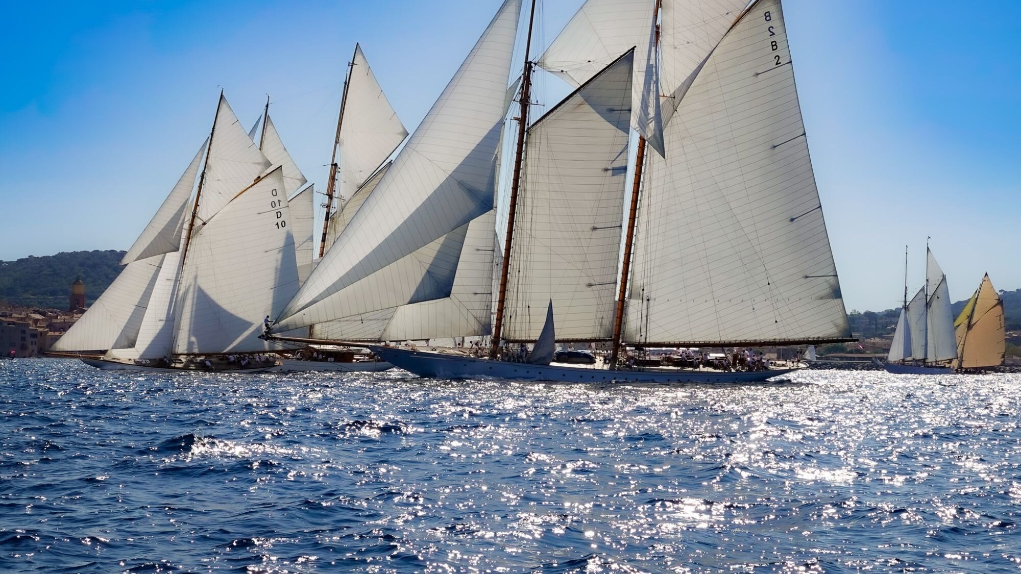 Ligne de voiliers classiques en régate sur une mer scintillante.