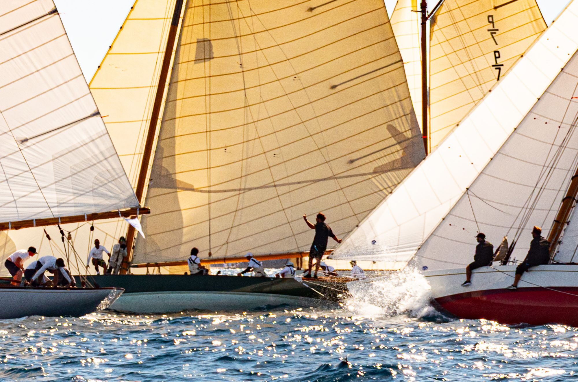 Équipages au contact de deux voiliers classiques aux voiles dorées, éclaboussures.