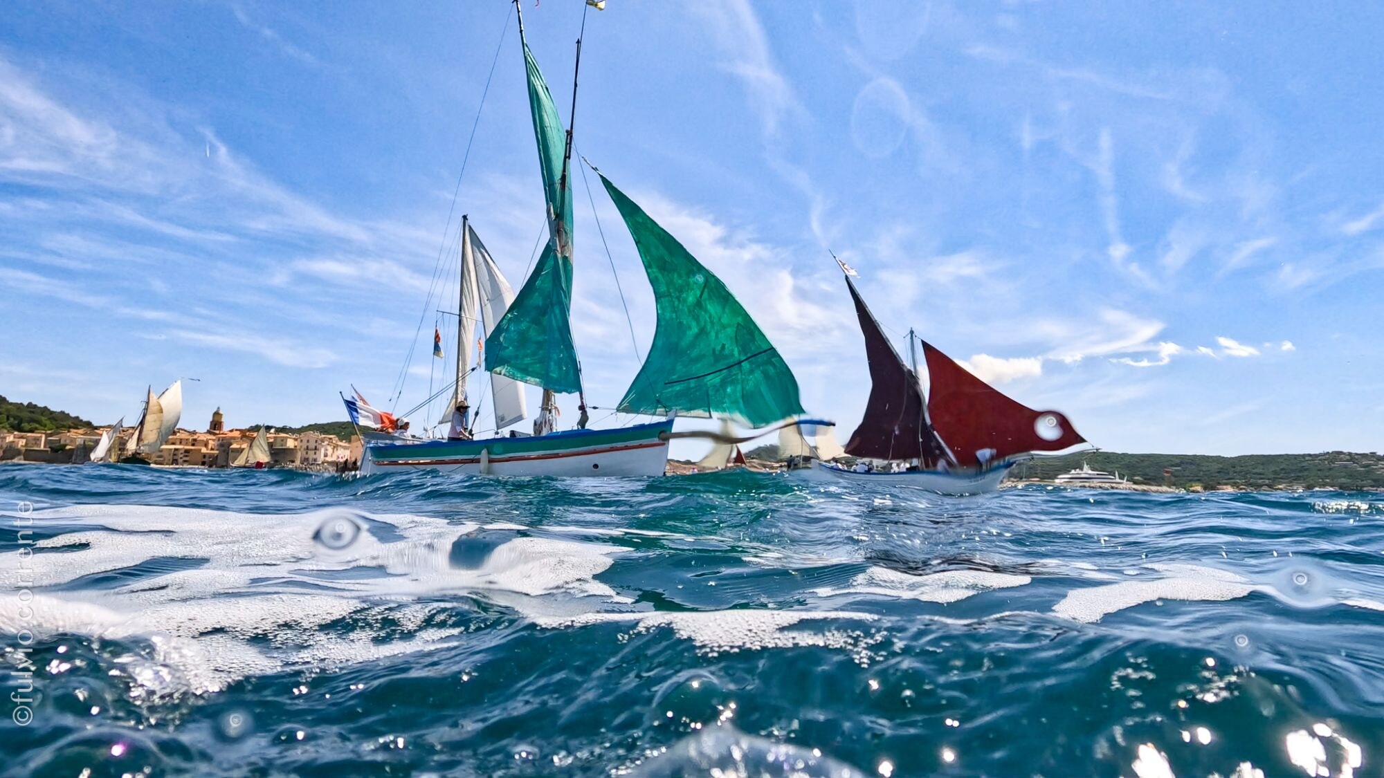 Barques à voiles vertes et rousses vues à ras de l’eau, côte au loin.
