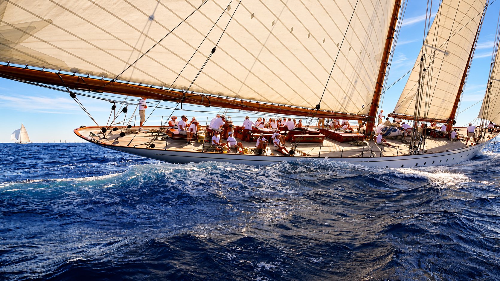 Grand voilier classique et son équipage sur une mer agitée.